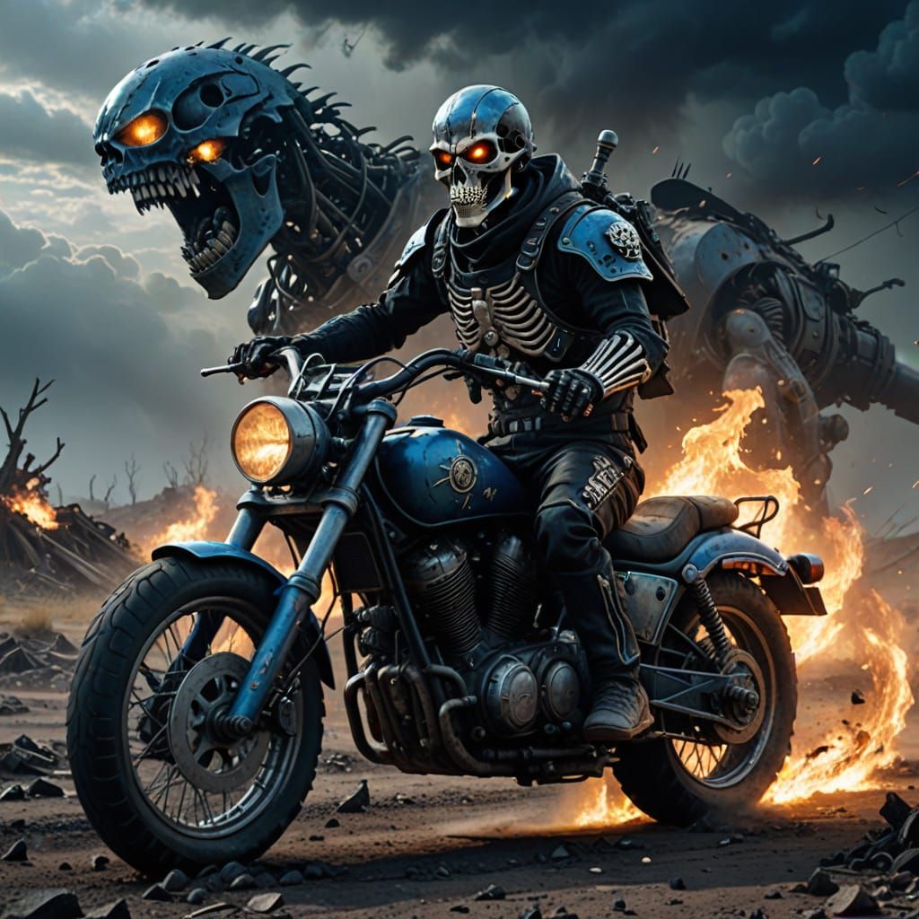 Skeleton Warrior Rides Futuristic Motorcycle in Post-Apocaly...