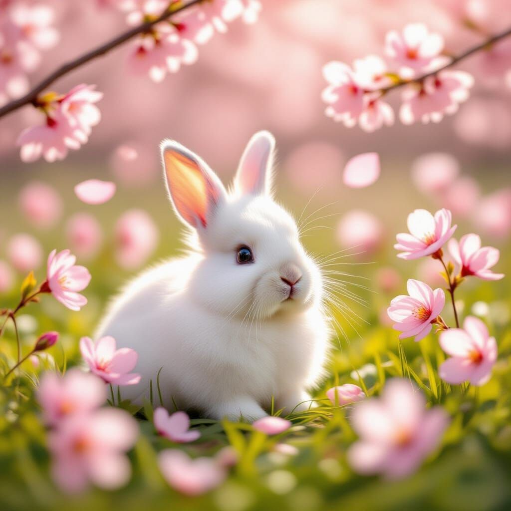Fluffy White Bunny in Cherry Blossom Meadow with Gentle Sunl...