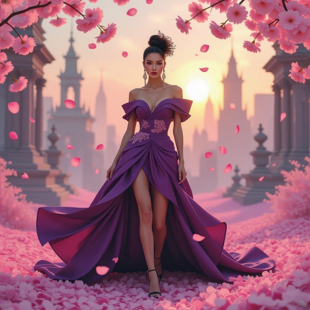 Avant-Garde Model in Surreal Blossom Cityscape