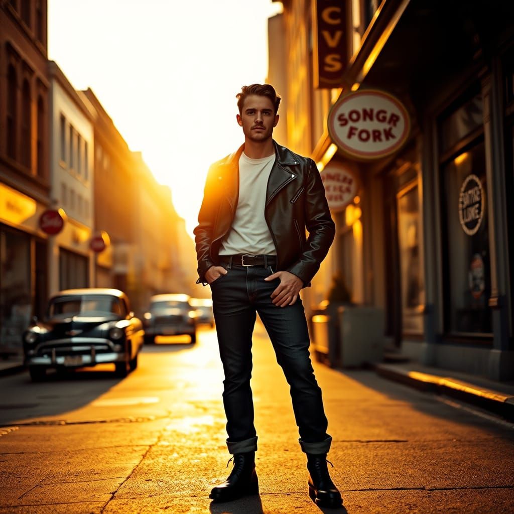 Confident Man in 1950s Fashion, Cinematic Portrait