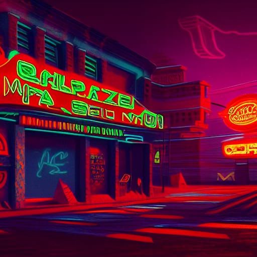 Neon Pizza Sign in Digital Matte Painting Style