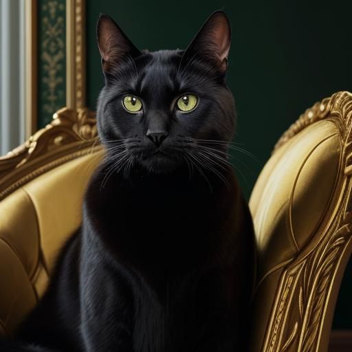 Black Cat on Silk Armchair: Photorealistic Animal Portrait