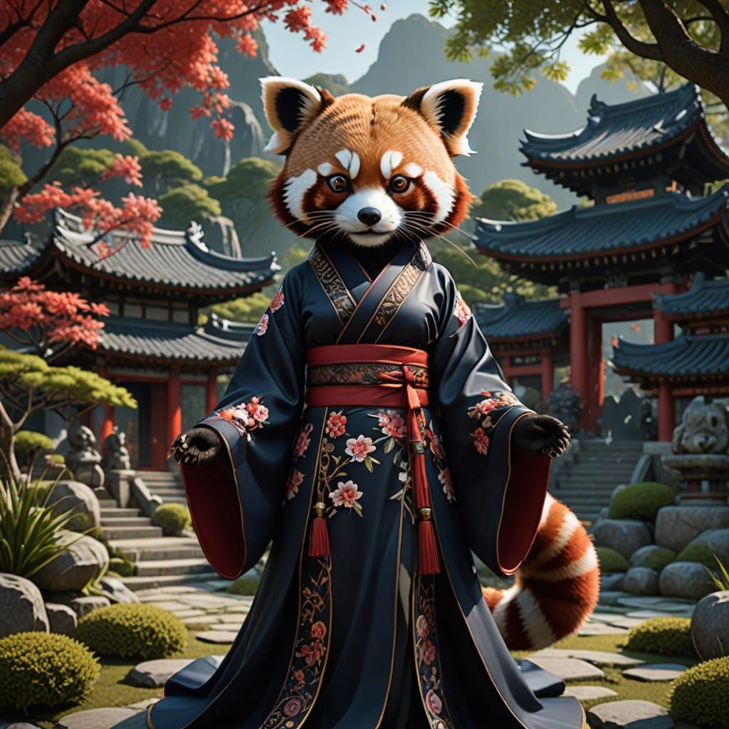 Geisha Red Panda in Zen Garden
