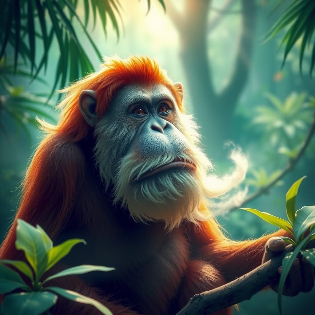 A wise orangutan with whimsical beards