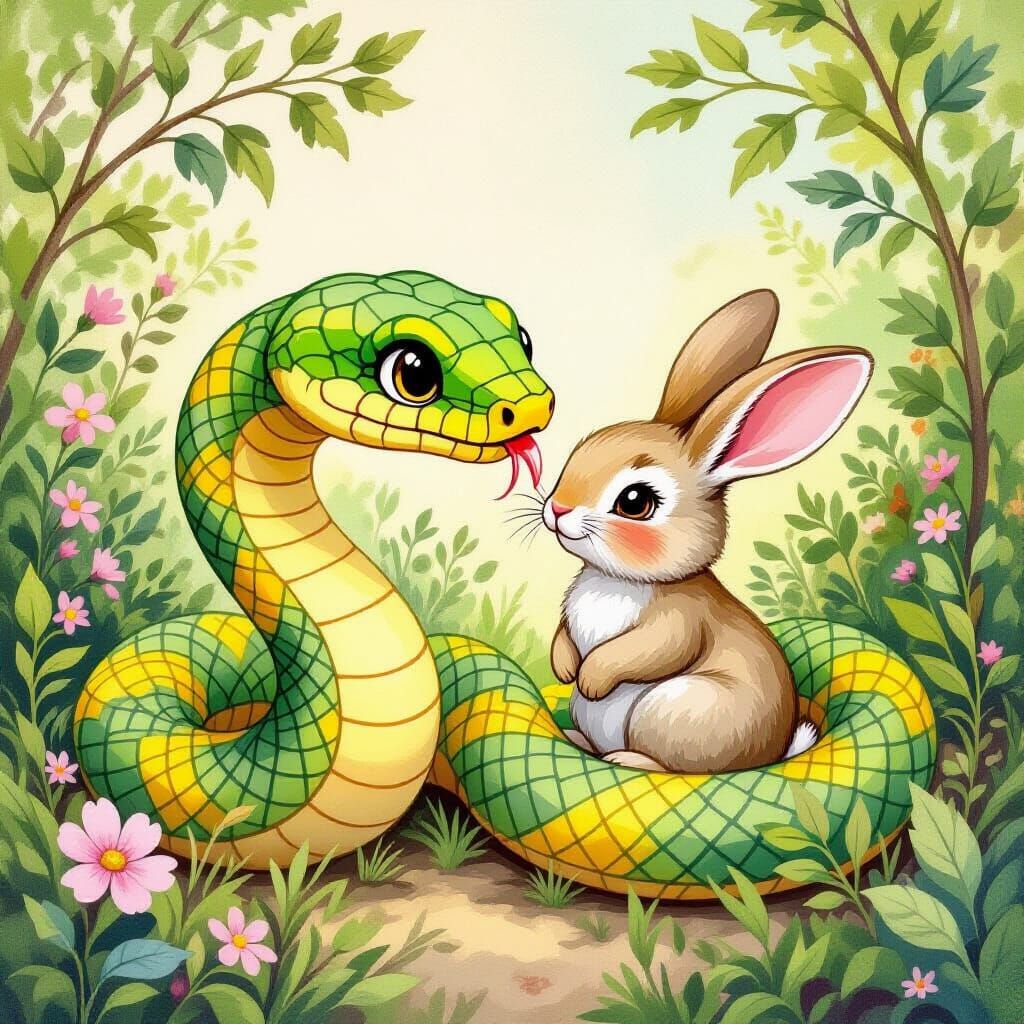 Whimsical Snake Eats Rabbit in Potter-esque Style
