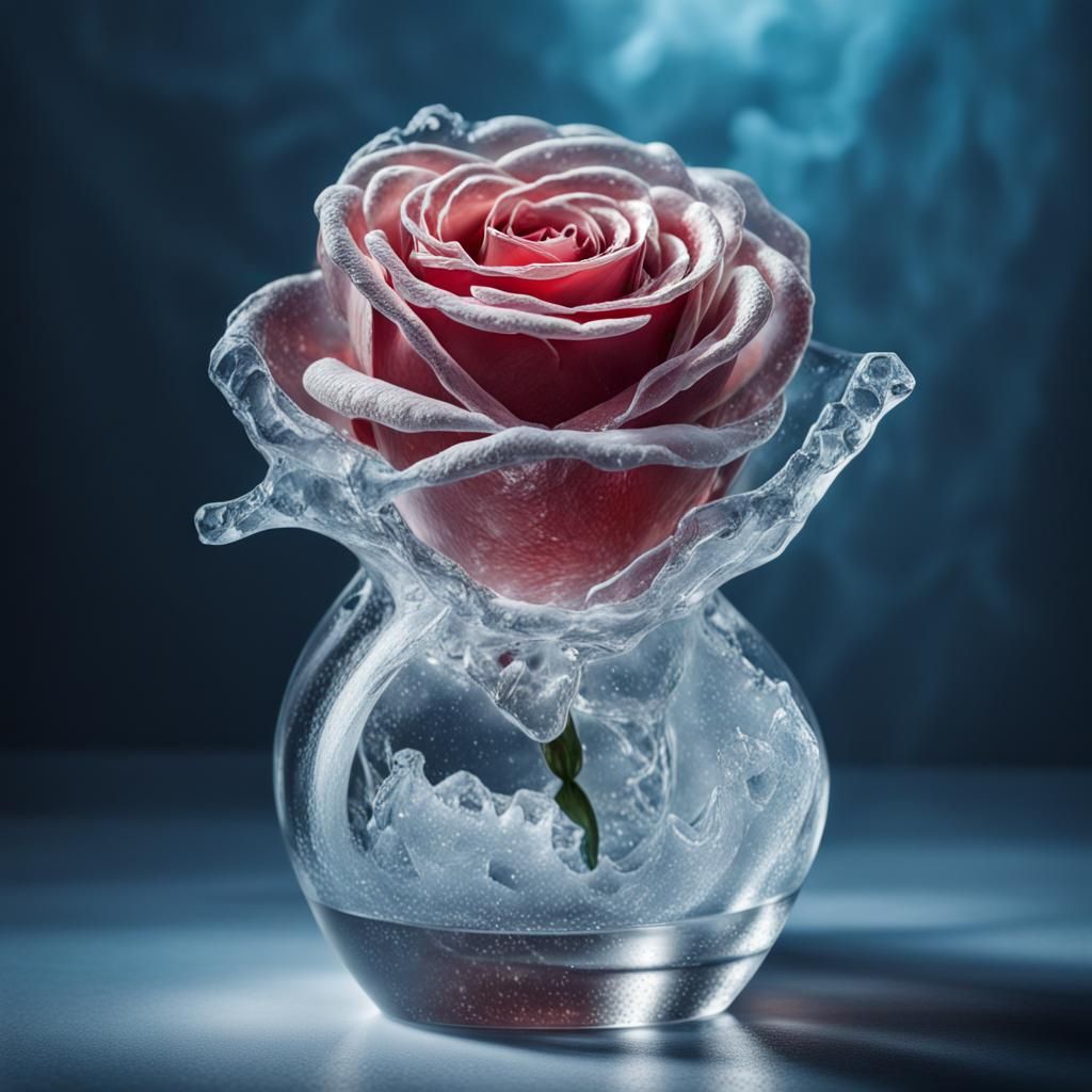 Hyperrealistic Ice Rose Sculpture Splash Art
