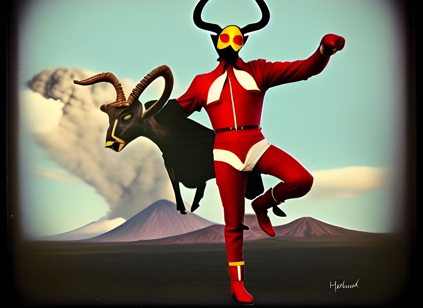 Retrofuturistic Masked Hero Dancing with Antelope