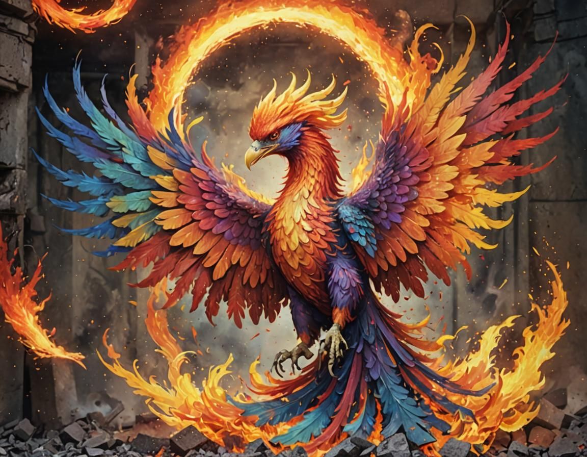 Colorful Phoenix rising from ashes with a fiery tail forming...