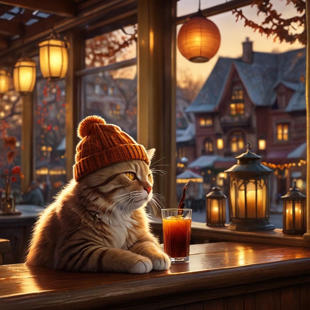 Sad Cat Drinks Wine: Whimsical Autumn Illustration