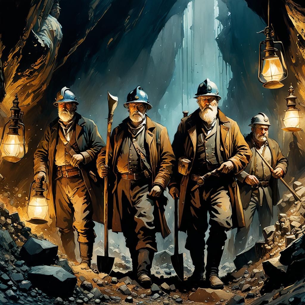 British Miners in a Detailed Watercolor Painting