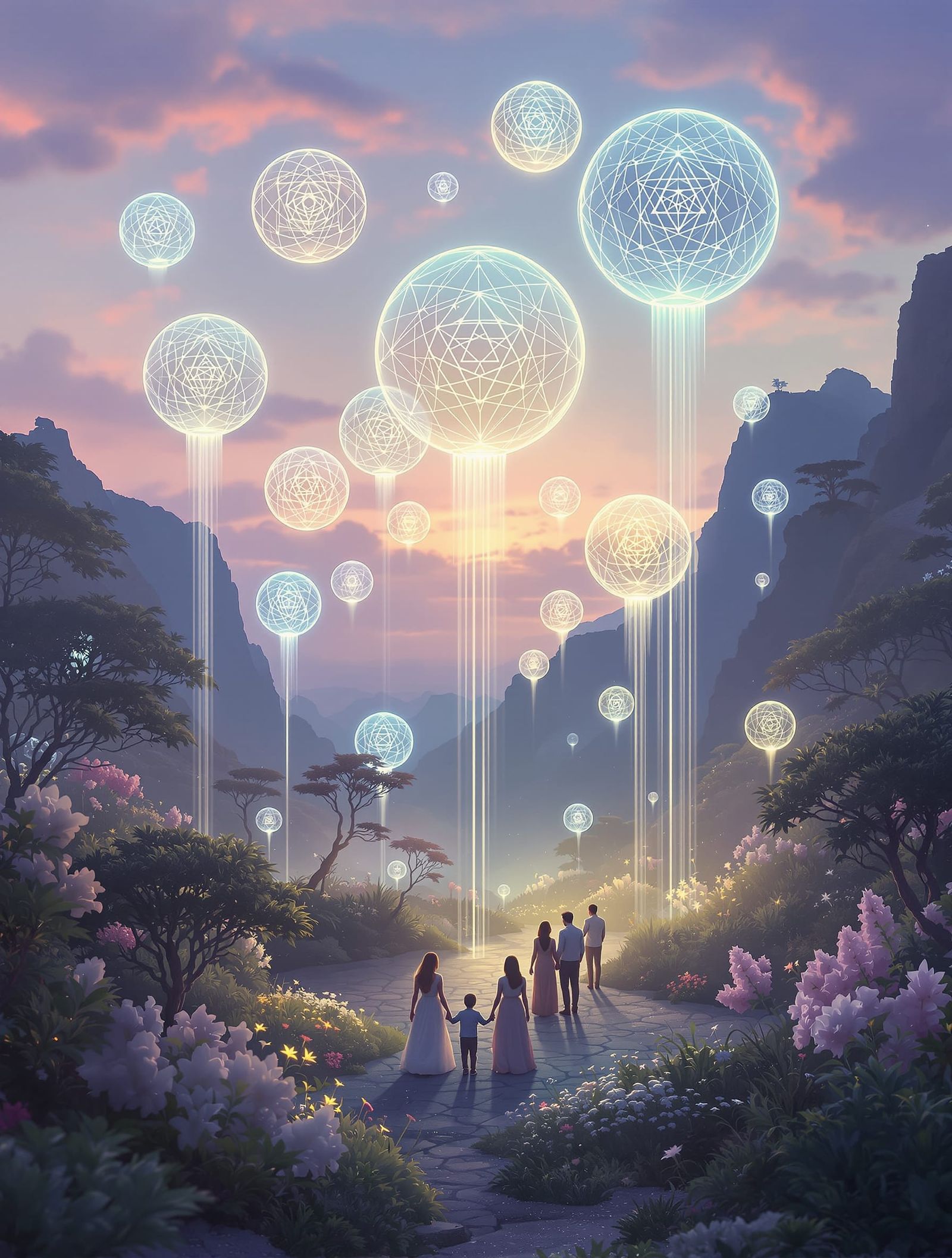 Ethereal Orbs Ascend in Dreamlike Landscape