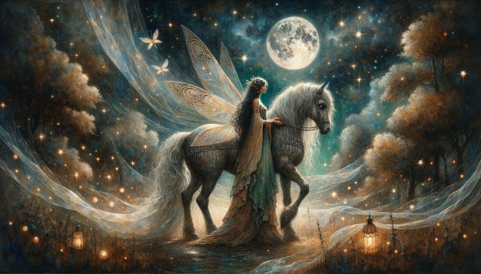 Elven Princess in Moonlit Glade with Fairy Steed