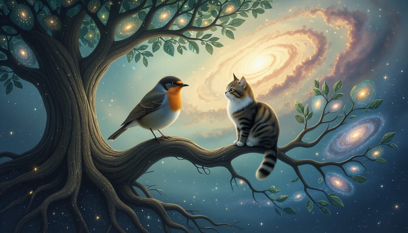 Robin and Cat on Celestial Tree Branch Dusted with Starlight