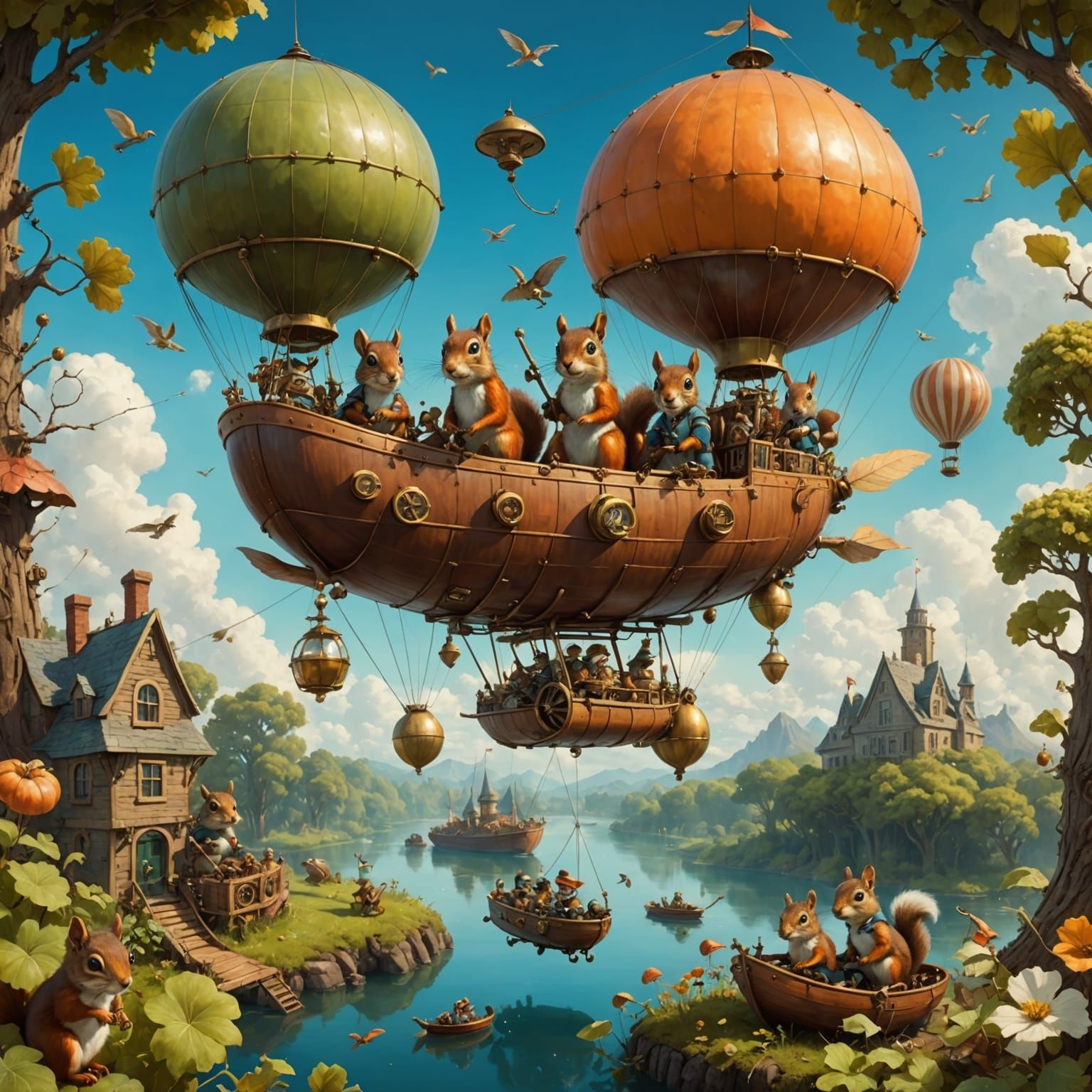 Squirrels Pilot Acorn Dirigible Over Bioluminescent Islands