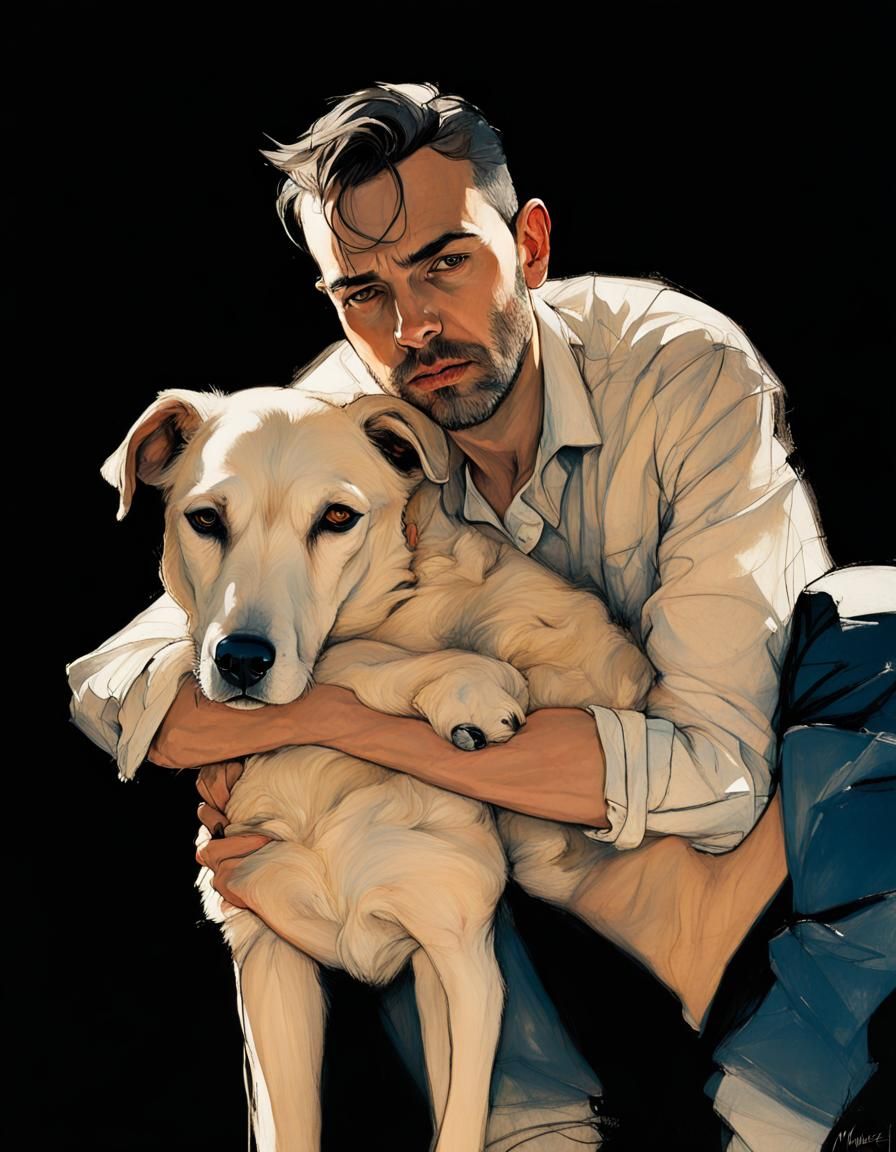 Man and Dog in 1940s Sketch Art
