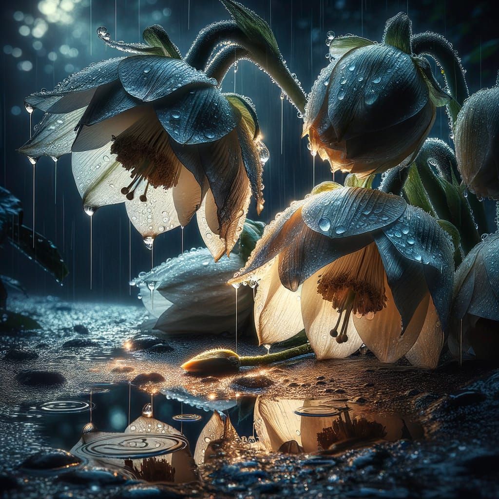 Enchanted Scene: Rain-Soaked Blossoms Mourn Transient Beauty