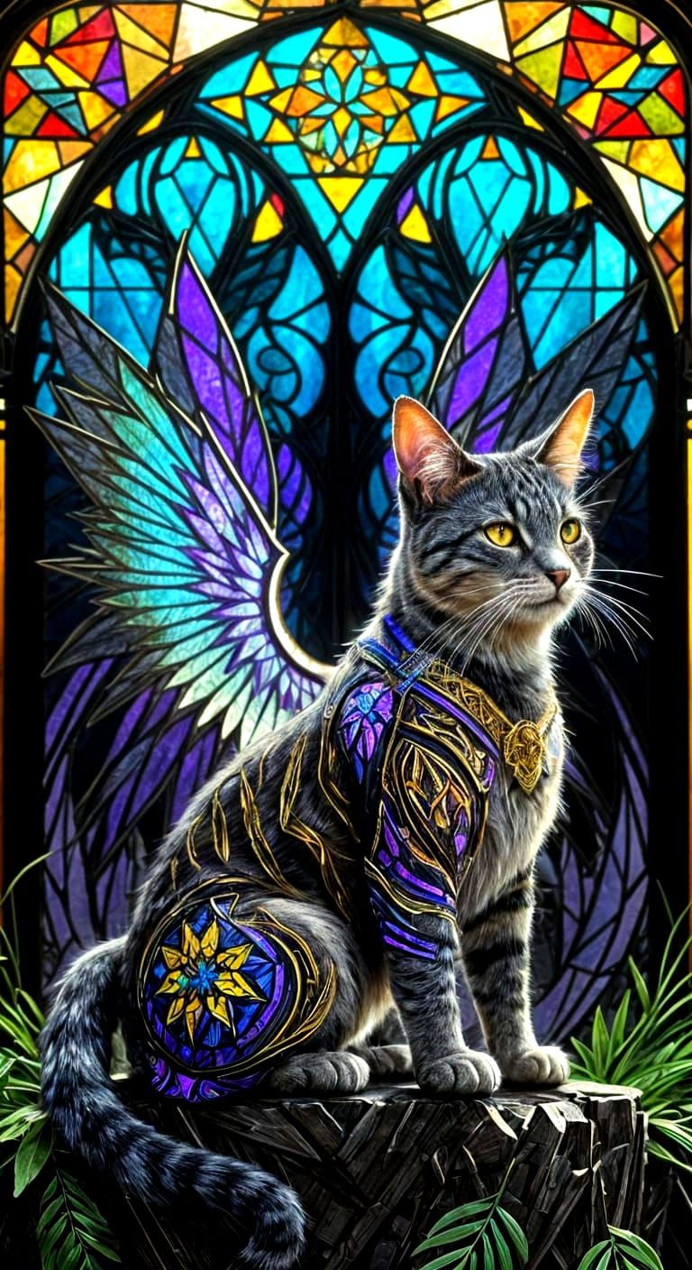 Mystical Forest Cat in Vibrant Stained Glass-Inspired Mosaic