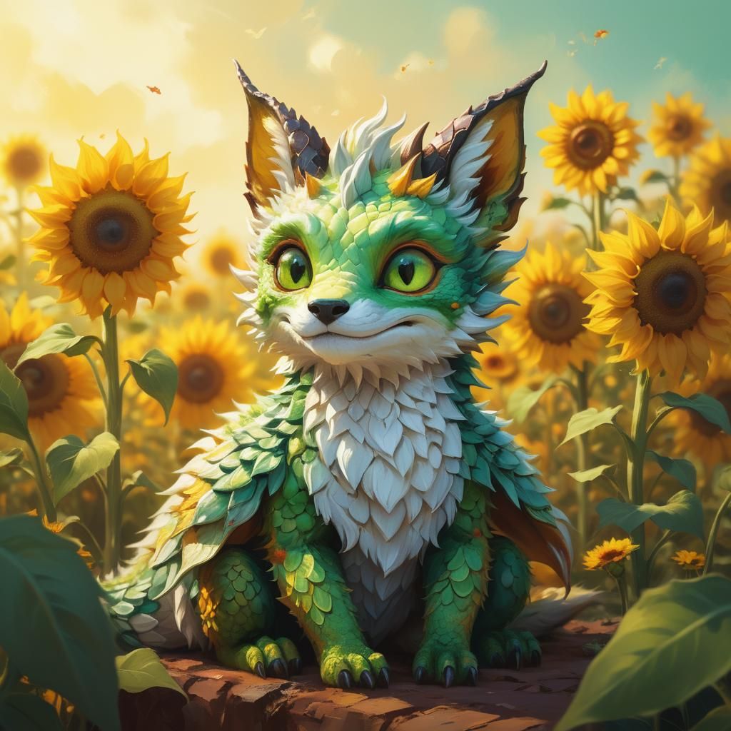 Whimsical Dragon Amidst Sunflowers, Vibrant Oil Painting