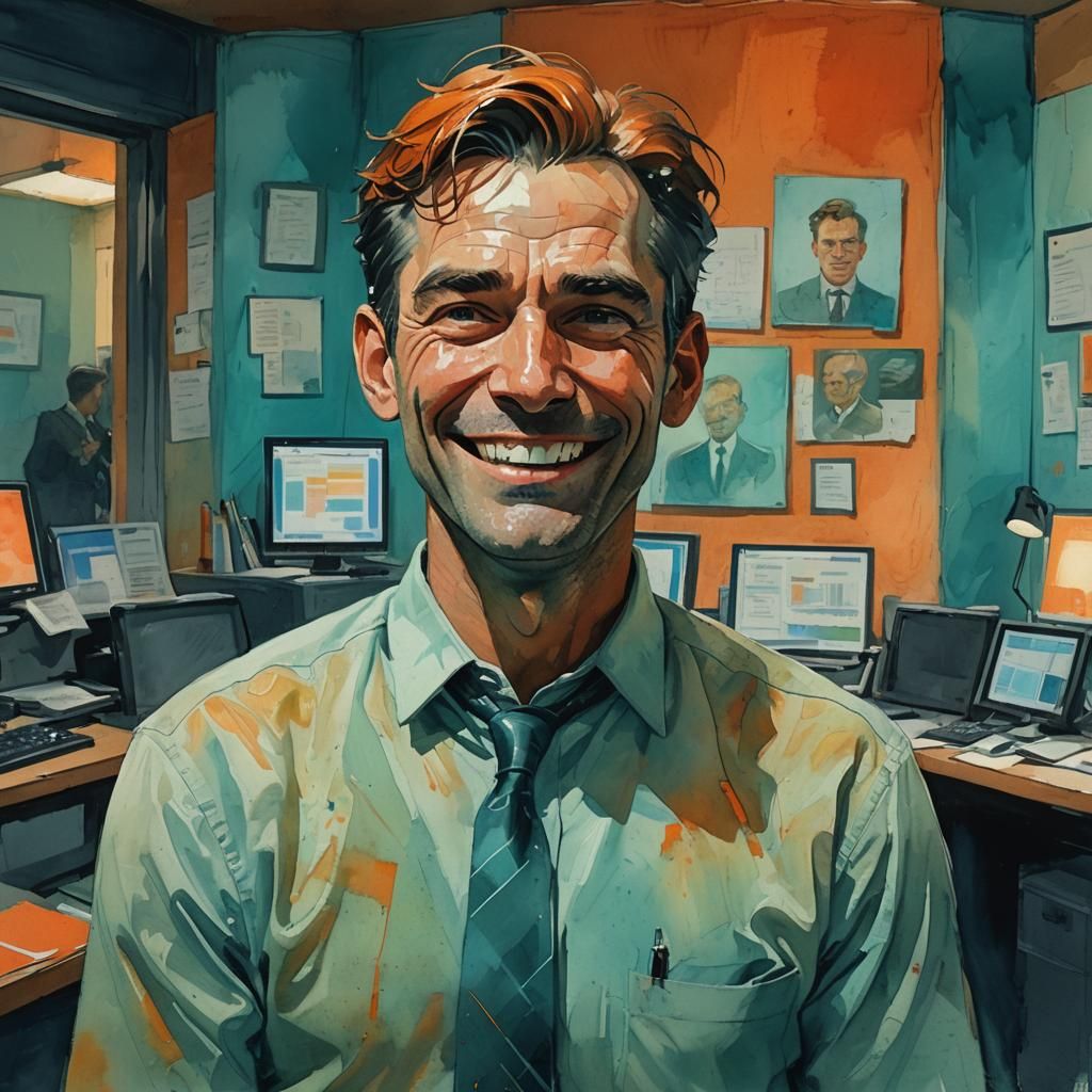 Uncanny Man Smiling in Surreal Office: Gouache Style