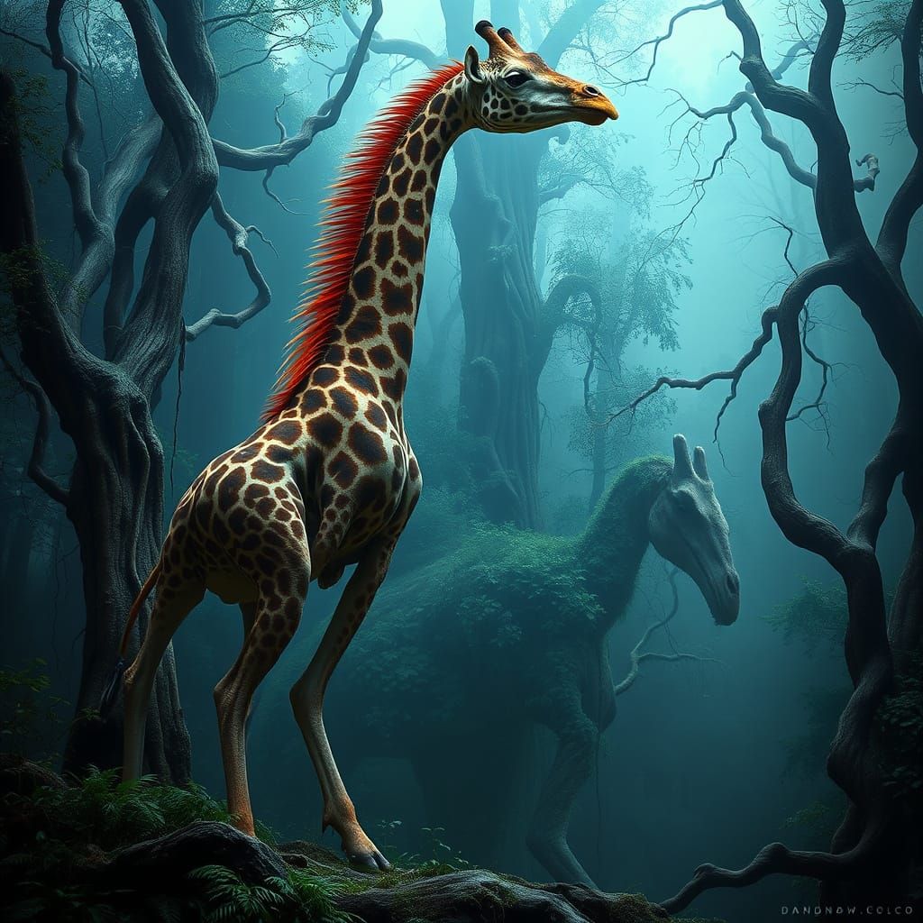 Giraffe Velociraptor Hybrid in Dark, Fantastical Realism