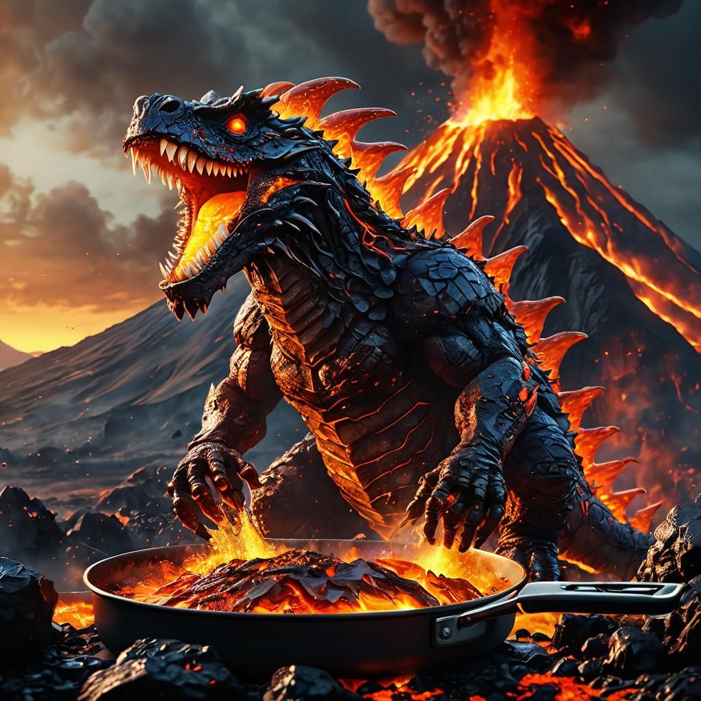 Kaiju Cooks Over Volcano in Vivid Digital Art