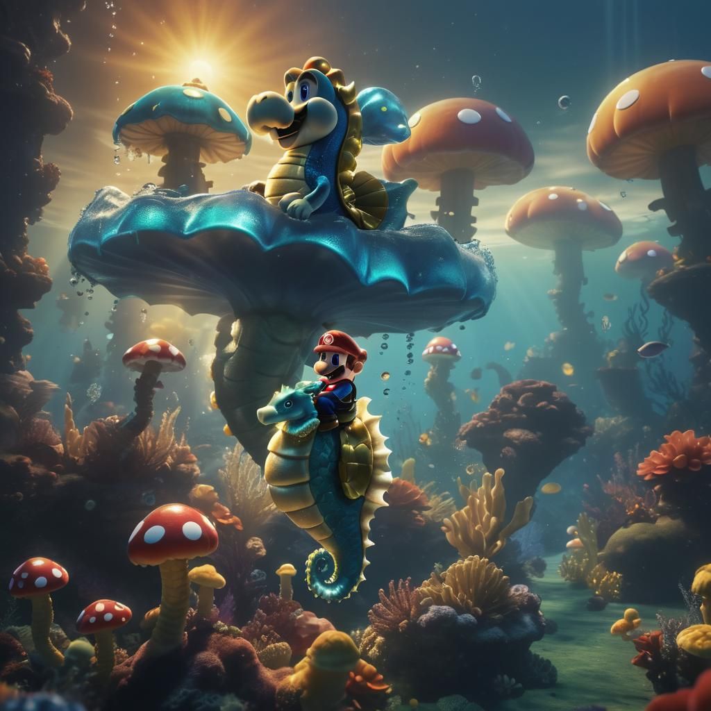 Super Mario on Seahorse in Underwater Fantasy