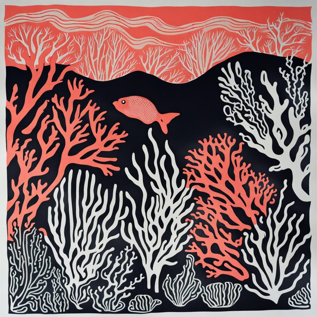 Colorful Coral Reef Linocut Print
