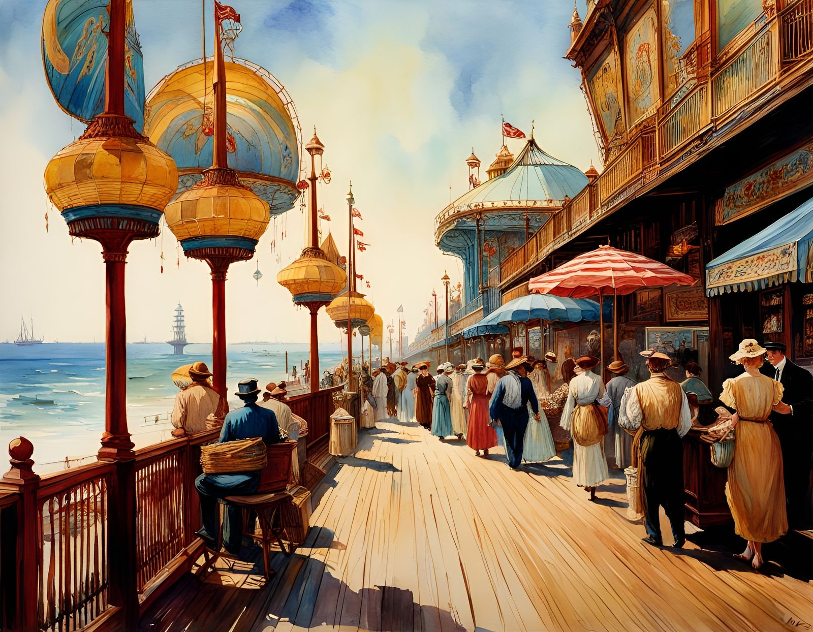 Coney Island Boardwalk: Retro Watercolor Photograph