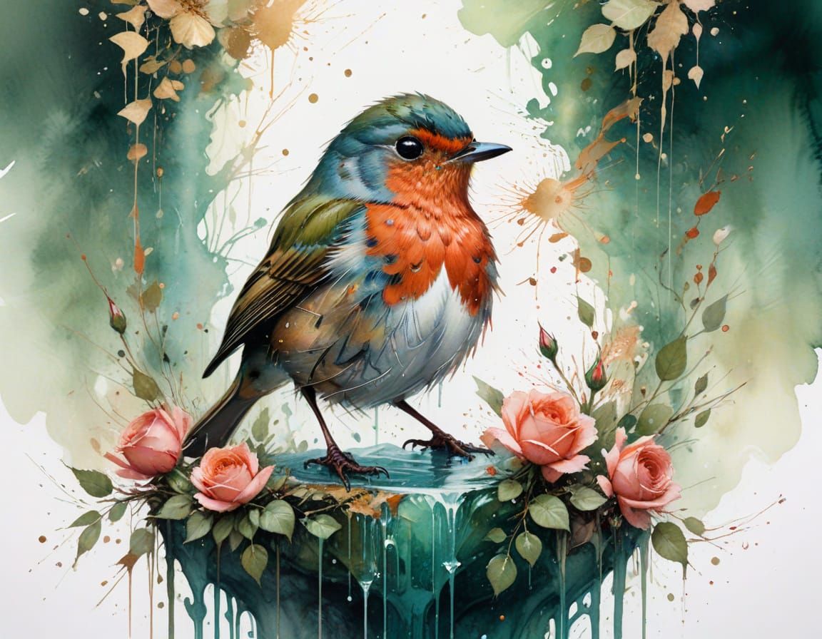 Robin on Enchanted Fountain: Digital Watercolor Art