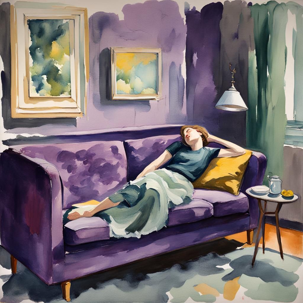 Woman Asleep on Couch in Gouache Style