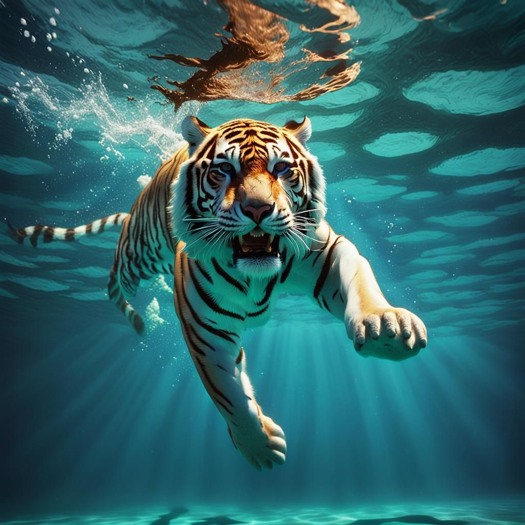 White Tiger Diving: 3D Digital Art