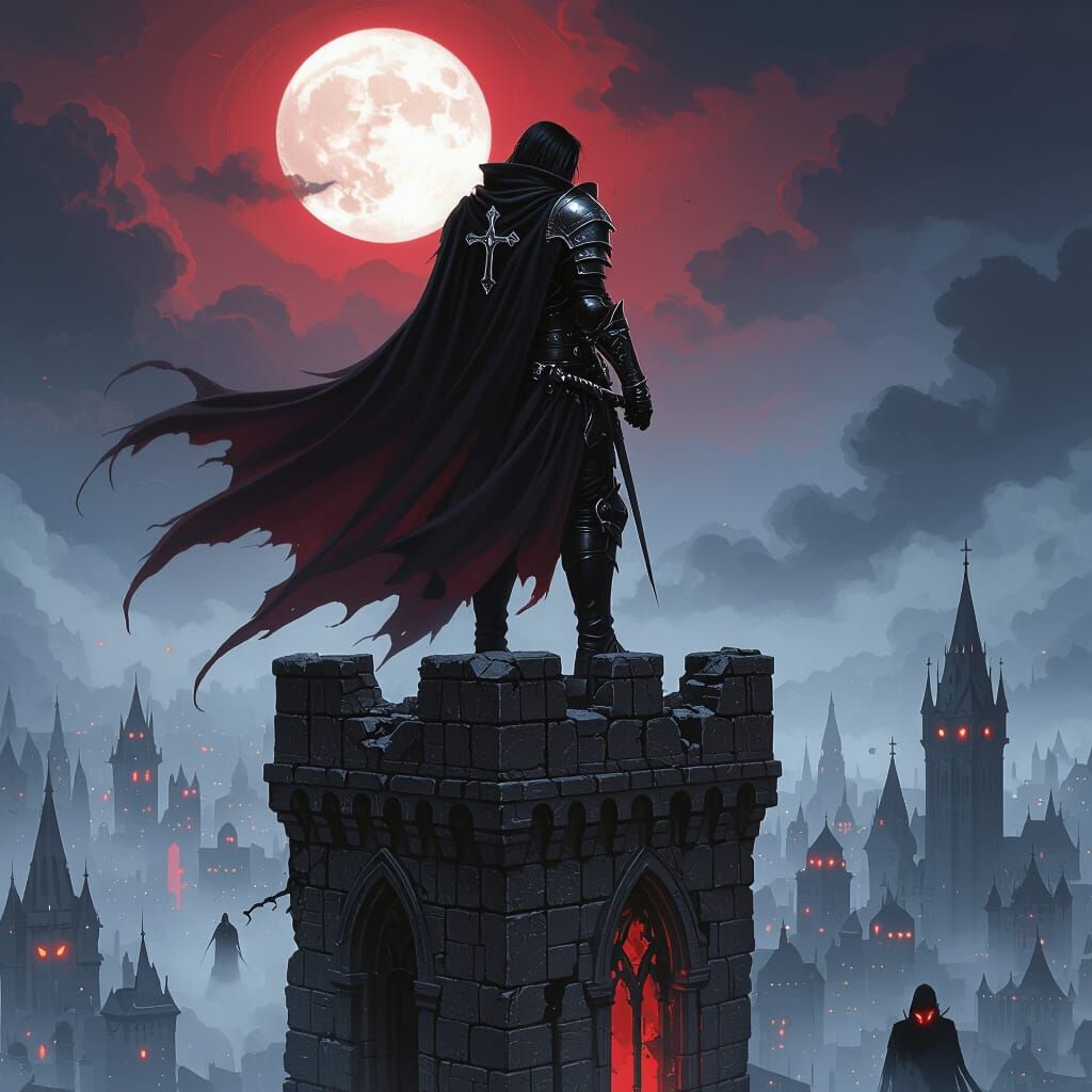 Vampire Hunter Overlooking Gothic City in Dark Fantasy Style