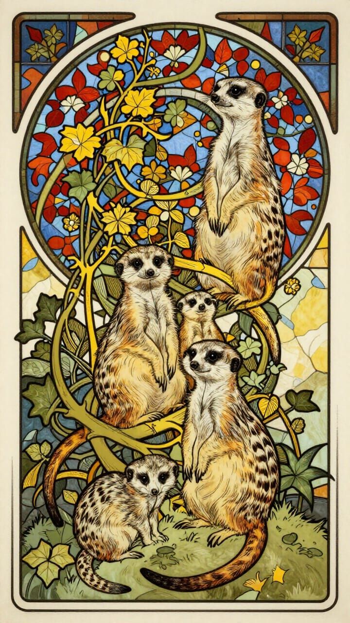 Art Nouveau Meerkat Family with Stained Glass Background