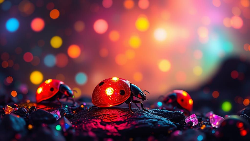 Rainbow Ladybugs in Neon Cosmos, Digital Art