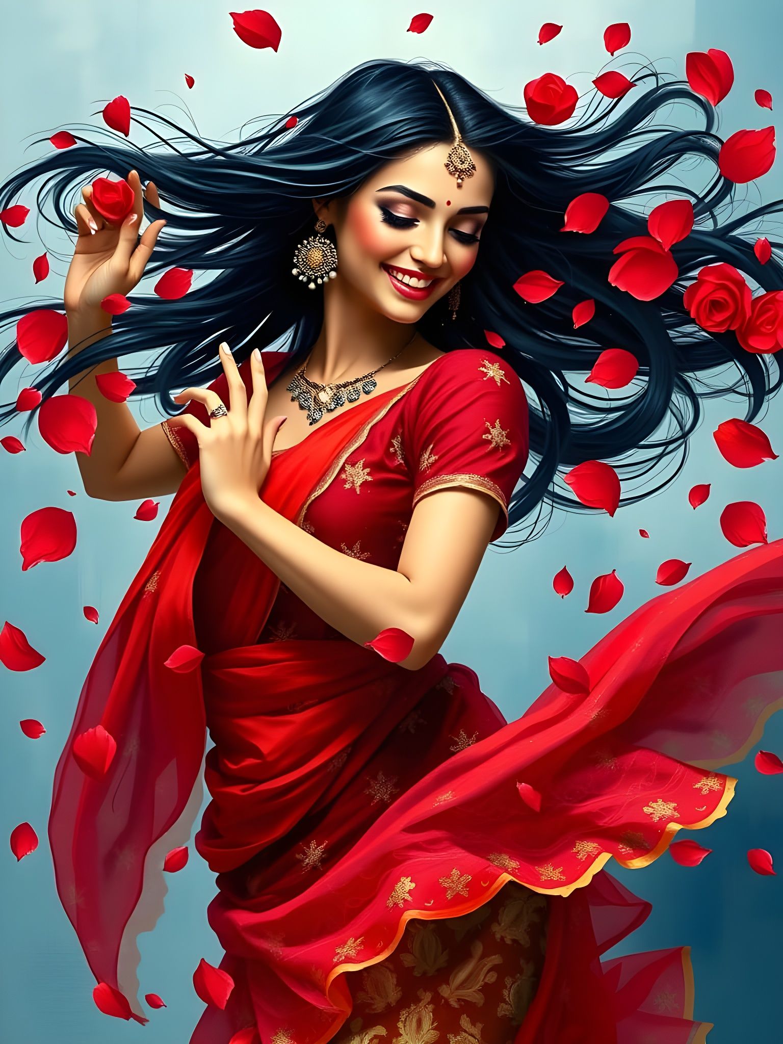 Ethereal Indian Dancer in Whimsical Rose Petal Garden