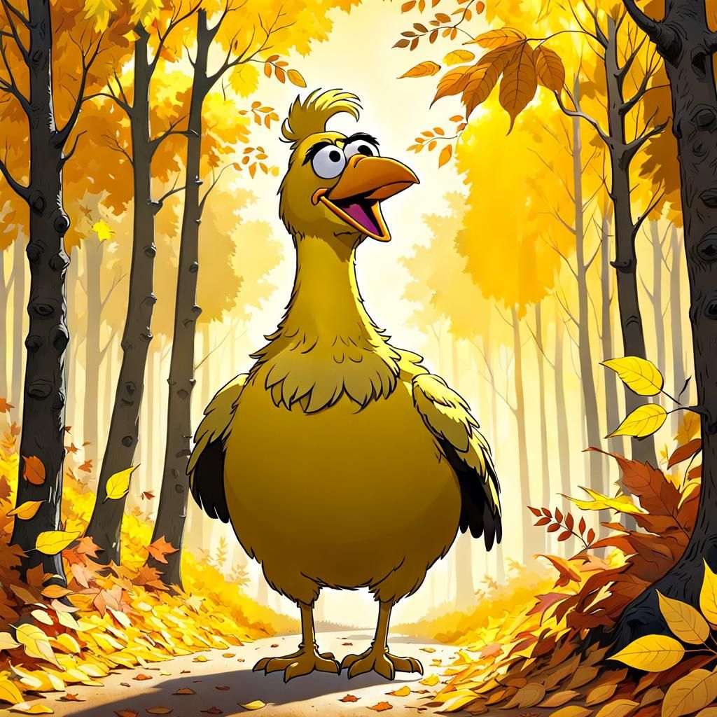 Big Bird Walks in a Sunny Yellow Forest