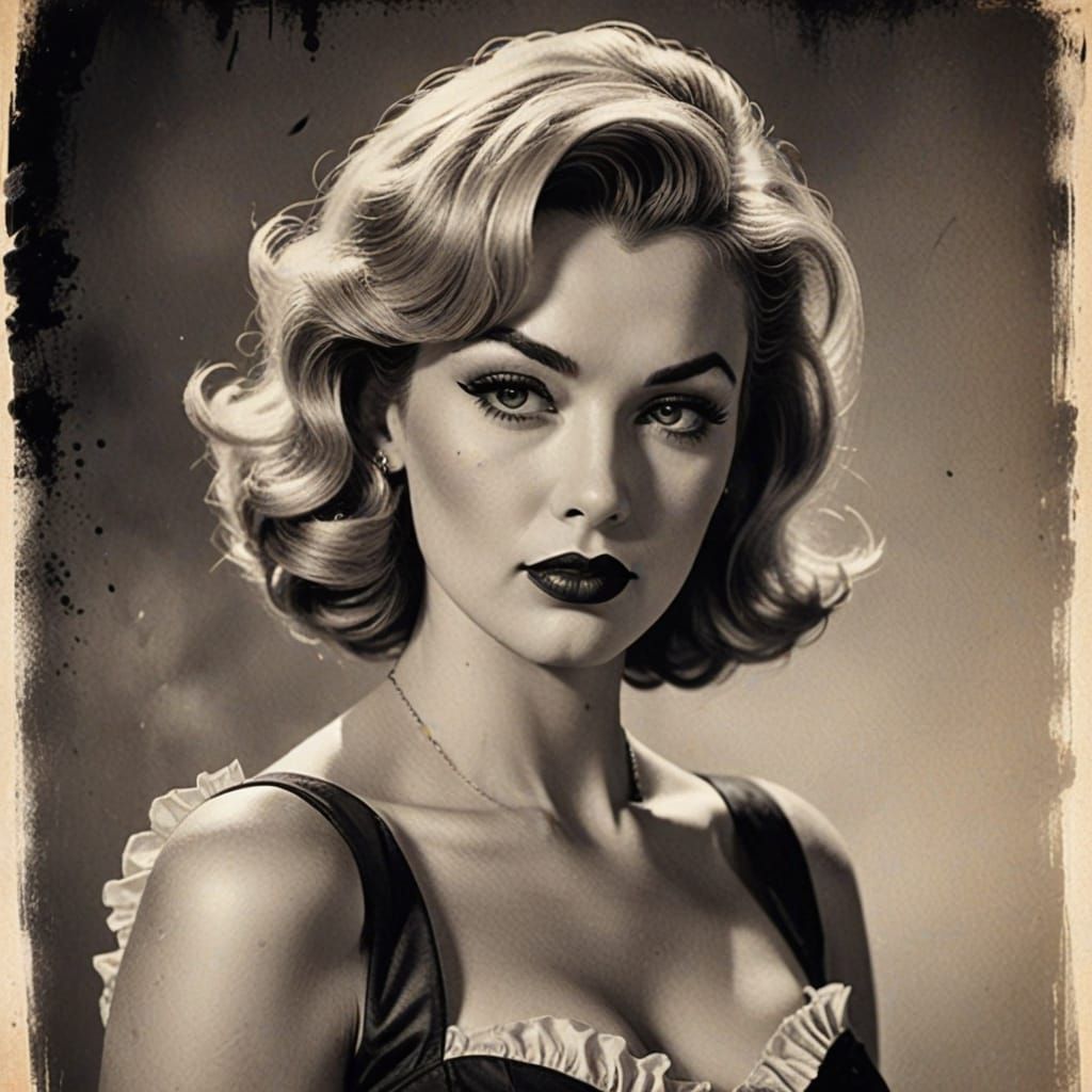 Vintage Glamour Portrait in Ink on Vellum