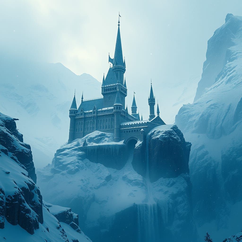 Cyberpunk Fantasy Castle in Majestic Winter Landscape