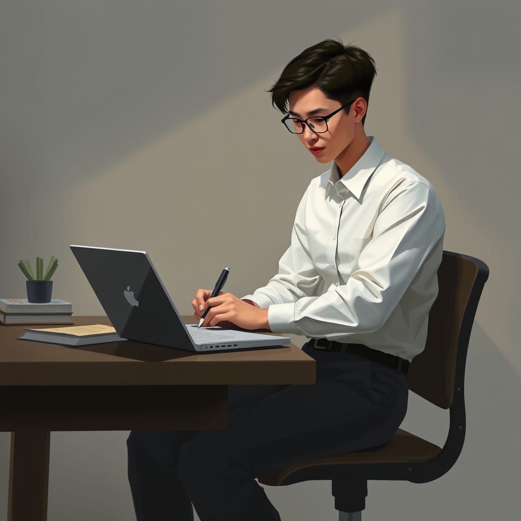 Student Writing Project Proposal in Digital Painting Style