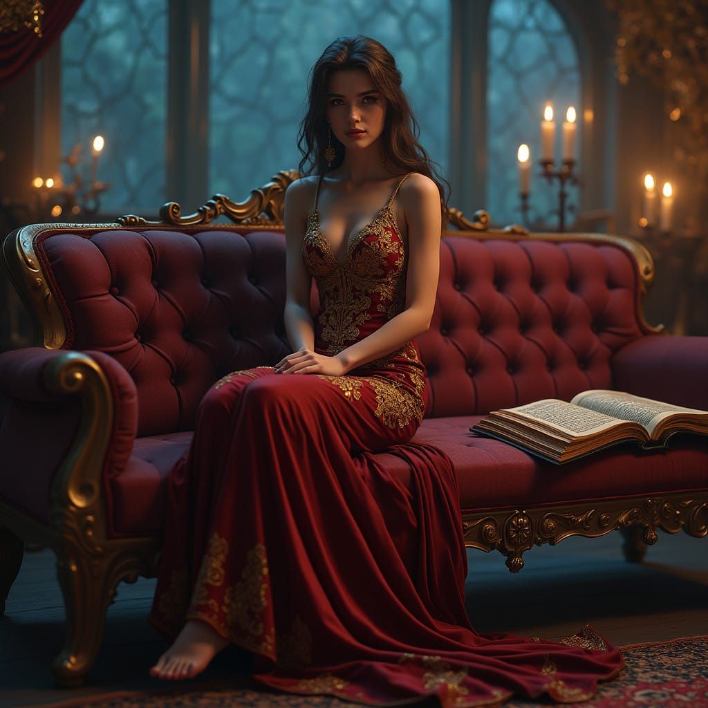 Enigmatic Woman in Velvet Robes, Surround by Ancient Tomes a...