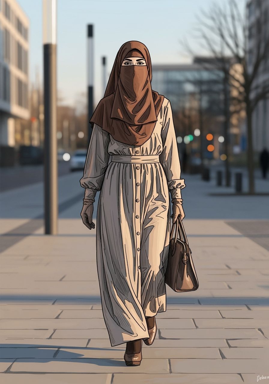 Niqabi Woman Walking in City, Graphic Novel Art