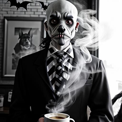 Eerie Goth Coffee Shop with Giant Creatures