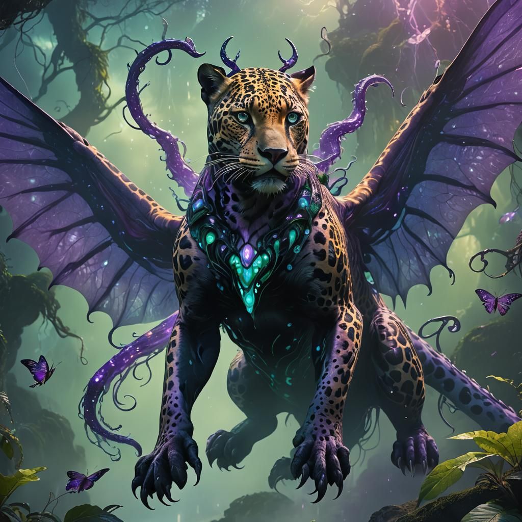 Three-Headed Winged Jaguar with Tentacles in Surreal Abyss