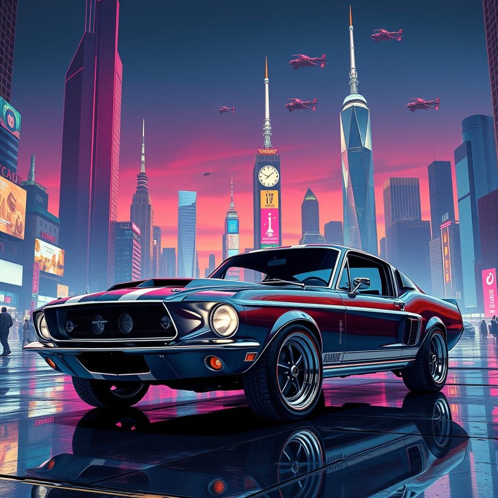 Vintage Mustang GT500 in Futuristic Cityscape