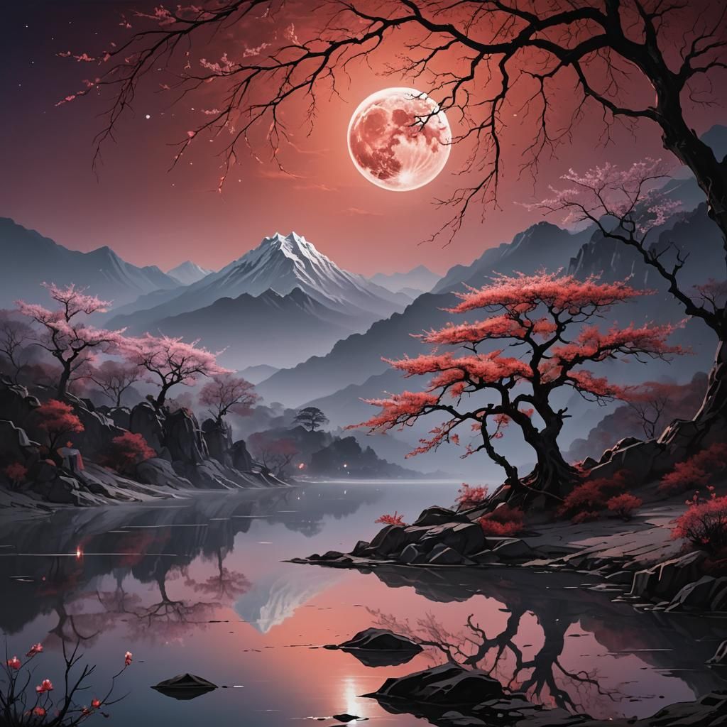 Red Moonlight Landscape with Blossoms and Mountains