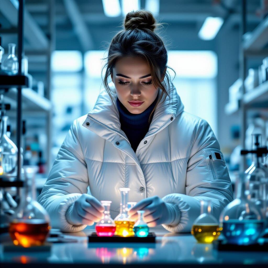 Female Inventor in Lab with Crackling Energy, Photorealistic