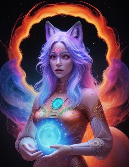 Cosmic Fire Fox: Holographic Astral Illustration