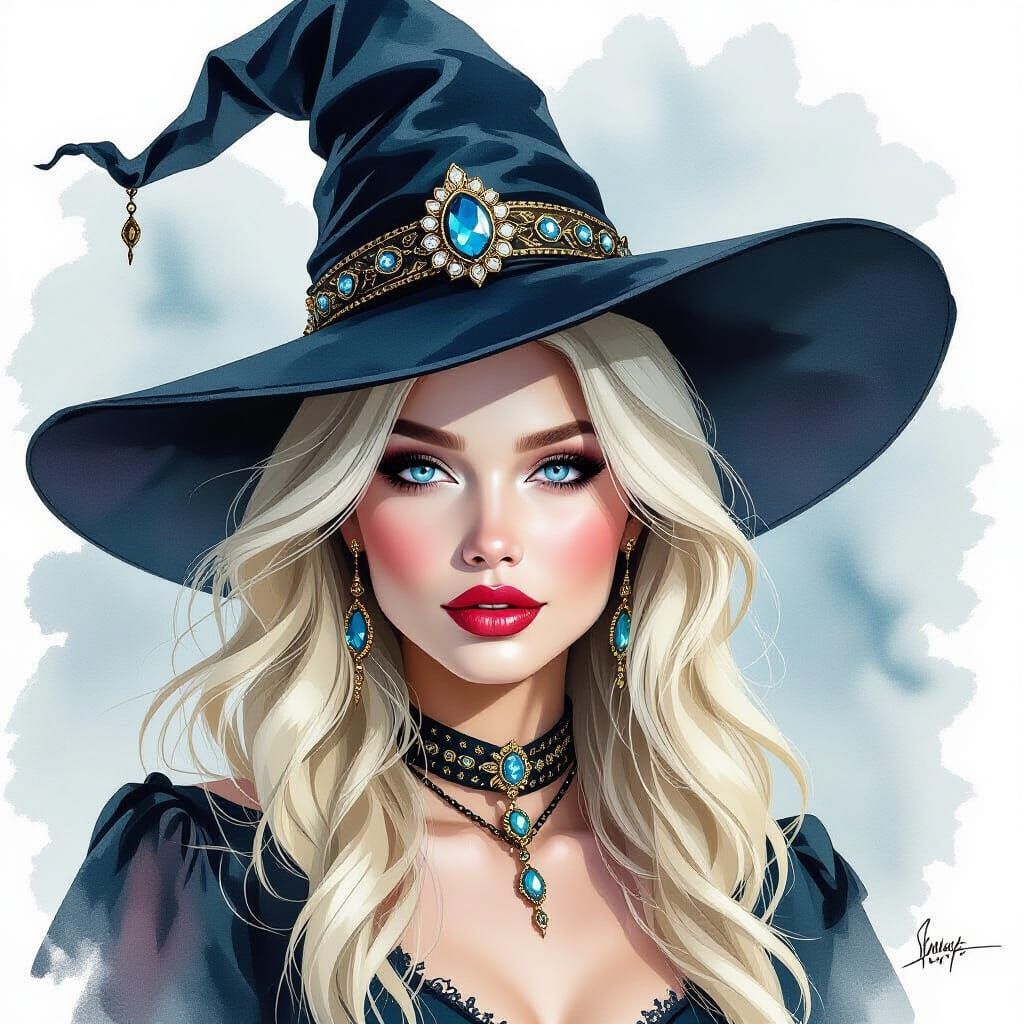 Albino Witch in Noir Watercolor Style