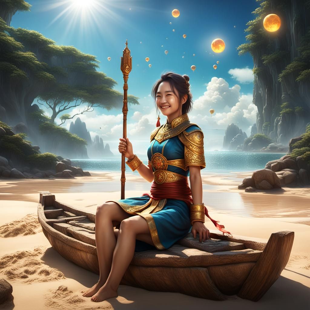 Smiling Asian Woman on Sunny Beach as Fantasy Art