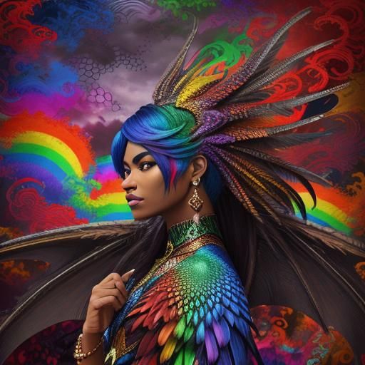 Rainbow Dragon Woman: Abstract Art with Fine Details